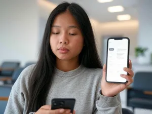 Một phụ nữ trẻ người Việt đang sử dụng điện thoại thông minh để tương tác với chatbot phòng khám trong khu vực chờ của phòng khám hiện đại.