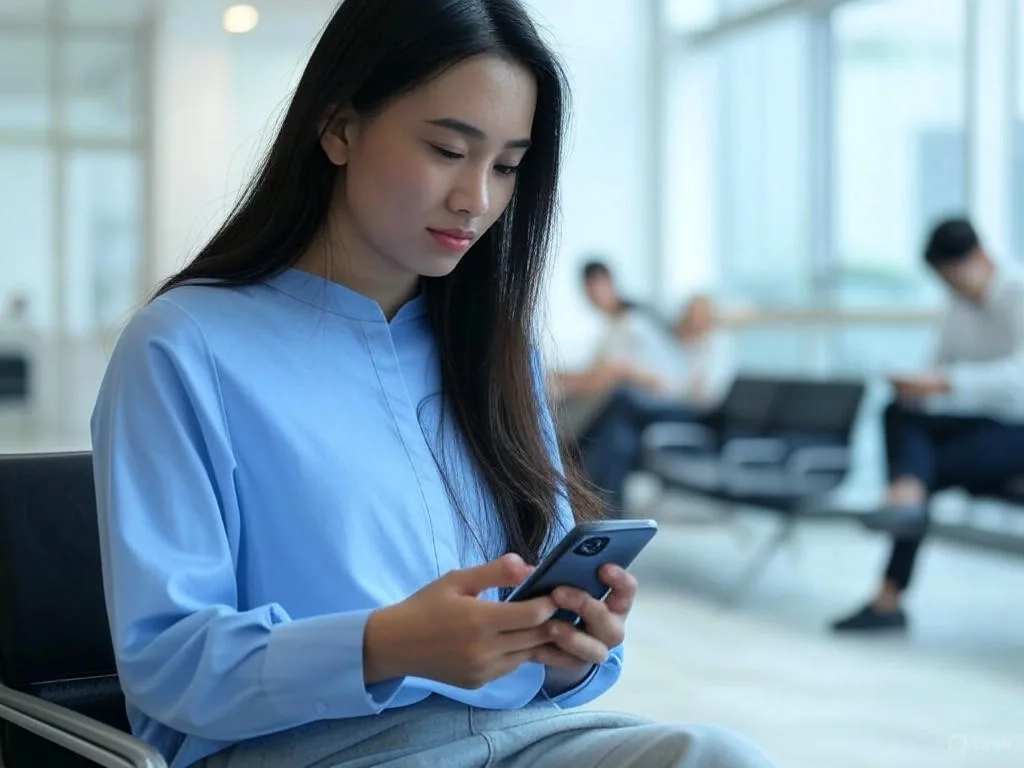 Một phụ nữ trẻ người Việt đang sử dụng điện thoại để tương tác với chatbot phòng khám trong khu vực chờ phòng khám hiện đại, với màn hình hiển thị \