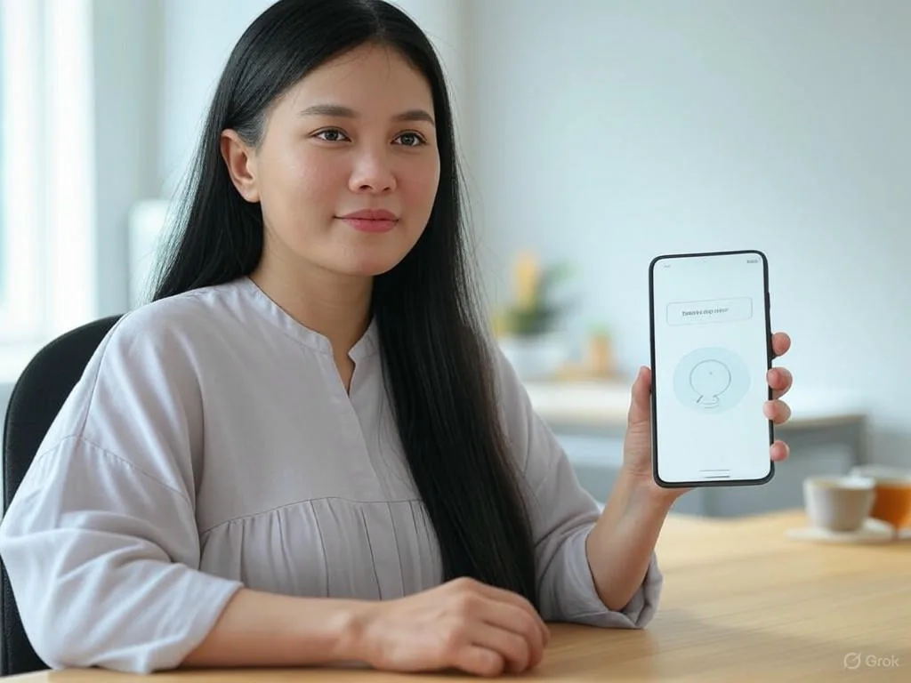 Một phụ nữ Việt Nam khoảng 30 tuổi đang ngồi tại bàn làm việc ở nhà, cầm điện thoại thông minh với giao diện chatbot phòng khám hiển thị dòng chữ \