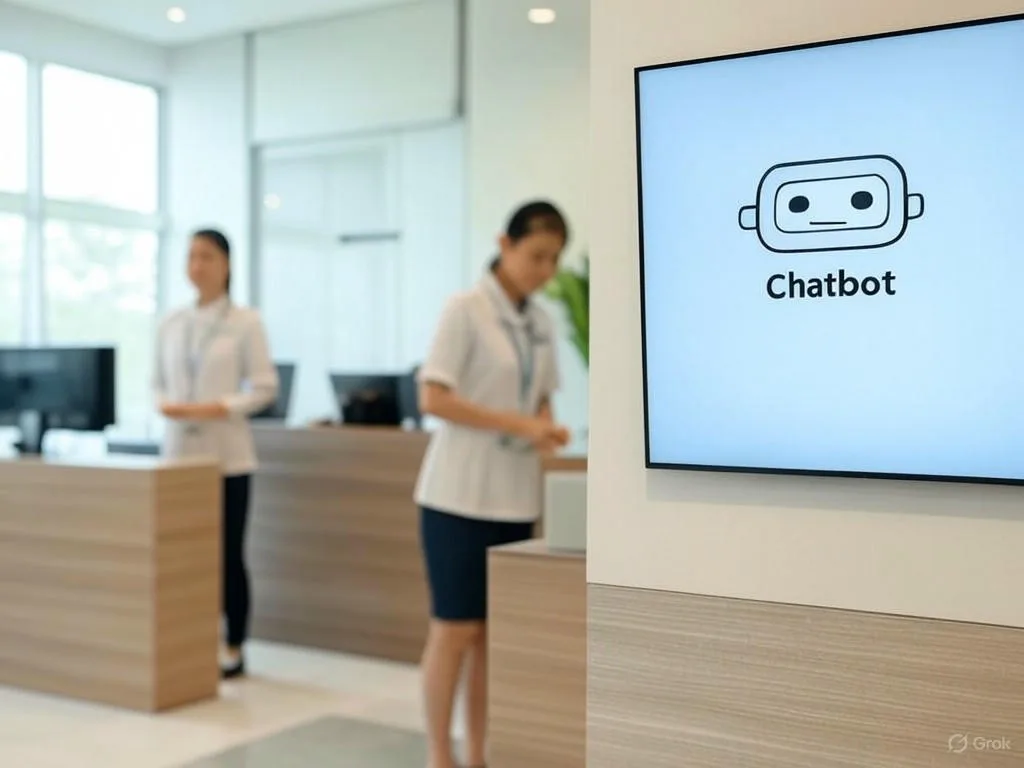 Hình ảnh quầy lễ tân phòng khám hiện đại với màn hình kỹ thuật số hiển thị giao diện chatbot phòng khám đơn giản, cùng hai nhân viên Việt Nam ở hậu cảnh tập trung vào công việc, thể hiện sự tự động hóa và hiệu quả.