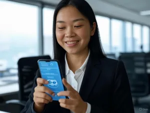Một phụ nữ trẻ người Việt đang mỉm cười tương tác với chatbot tương lai trên điện thoại thông minh trong văn phòng công nghệ cao, đại diện cho tương lai chatbot.