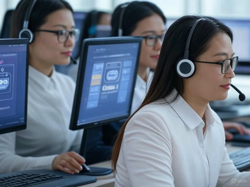 Hình ảnh trung tâm gọi điện hiện đại của Việt Nam với 3 nhân viên dịch vụ khách hàng đang làm việc tại bàn, một màn hình hiển thị giao diện chatbot đơn giản \