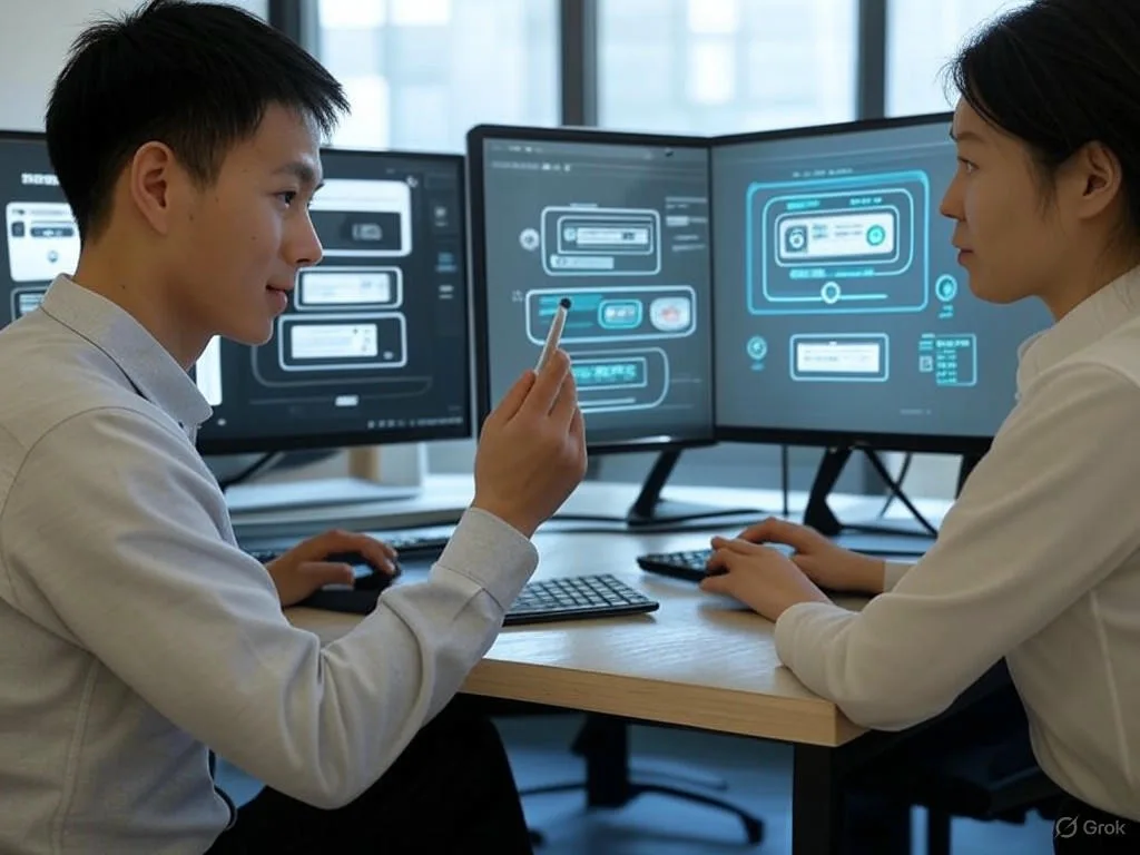 Hình ảnh minh họa tương lai chatbot trong cảnh văn phòng: bên trái là màn hình hiển thị giao diện chatbot truyền thống với văn bản \
