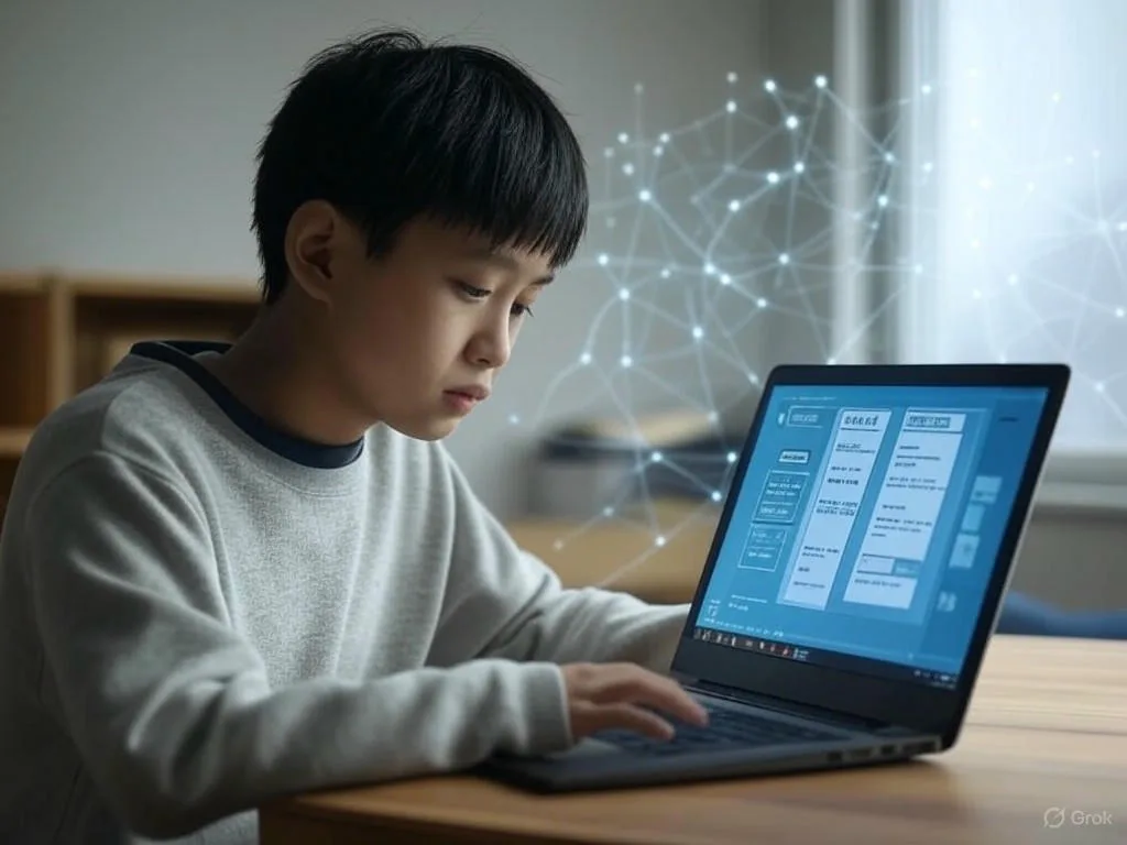 Một người trẻ Việt Nam đang tương tác với tương lai chatbot trên laptop, gõ câu hỏi tại bàn làm việc, với nền có các mẫu mạng lưới thần kinh phát sáng và nhãn NLP, Machine Learning.