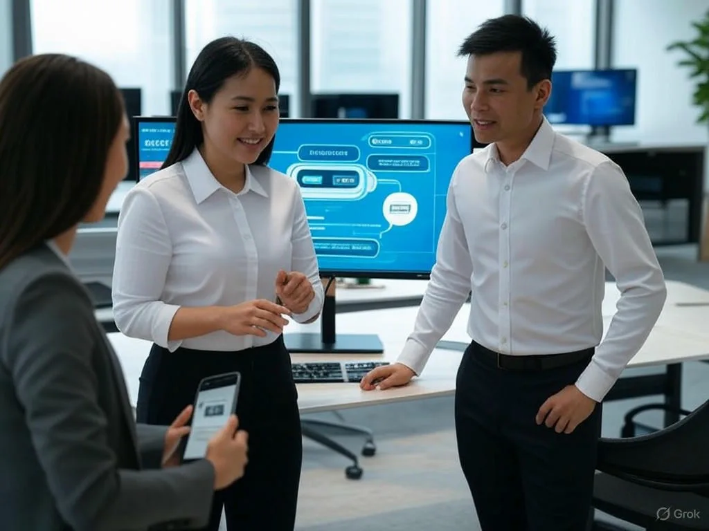 Ba chuyên gia Việt Nam hợp tác phát triển tương lai chatbot trong văn phòng hiện đại, một người trình diễn giao diện FPT.AI trên máy tính, người khác xem ứng dụng Viettel trên điện thoại, và người thứ ba thảo luận ý tưởng.