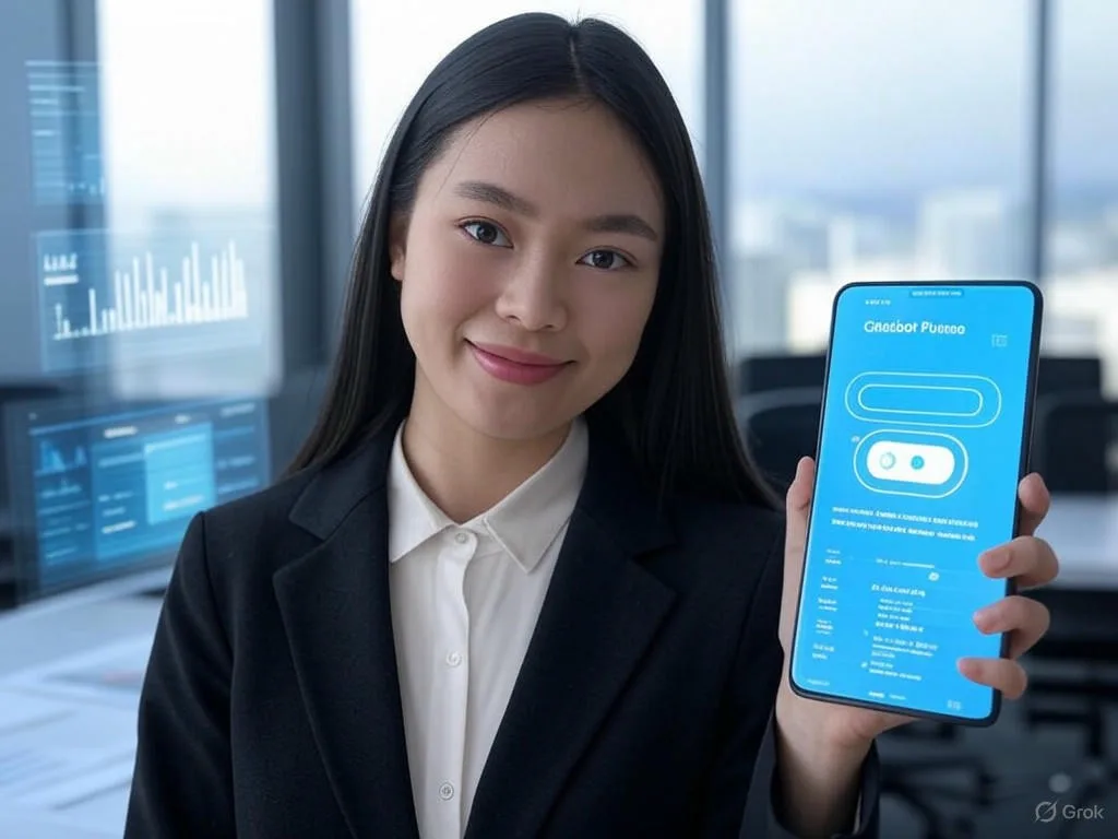 Một phụ nữ trẻ người Việt đang tương tác với giao diện chatbot tương lai trên điện thoại thông minh trong văn phòng hiện đại, xem các khuyến nghị cá nhân hóa với văn bản \
