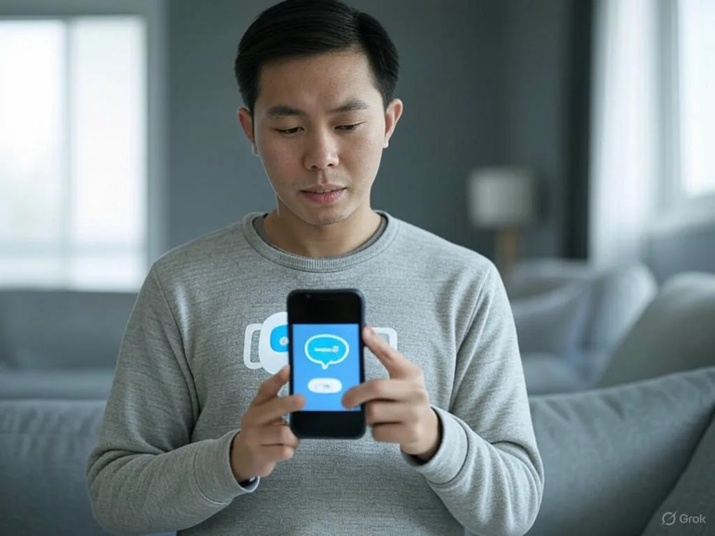 Khách hàng Việt Nam đang tương tác với tương lai chatbot thông minh trên điện thoại thông minh trong ngôi nhà hiện đại, hiển thị các giai đoạn hành trình khách hàng như hỏi đáp và hỗ trợ qua bọt chat với thông điệp \