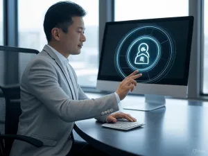 Một chuyên gia Việt Nam đang ngồi tại bàn làm việc trong văn phòng hiện đại, tương tác với giao diện trợ lý ảo nội bộ AI hình học trên màn hình máy tính, tượng trưng cho hoạt động kinh doanh hiệu quả.