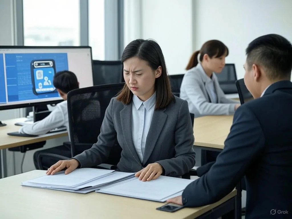 Ba nhân viên Việt Nam trong văn phòng hiện đại đang giải quyết thách thức: một người tìm kiếm tệp với vẻ mặt bực bội, một người tham gia cuộc họp onboarding, và một người tương tác với trợ lý ảo nội bộ trên màn hình máy tính.