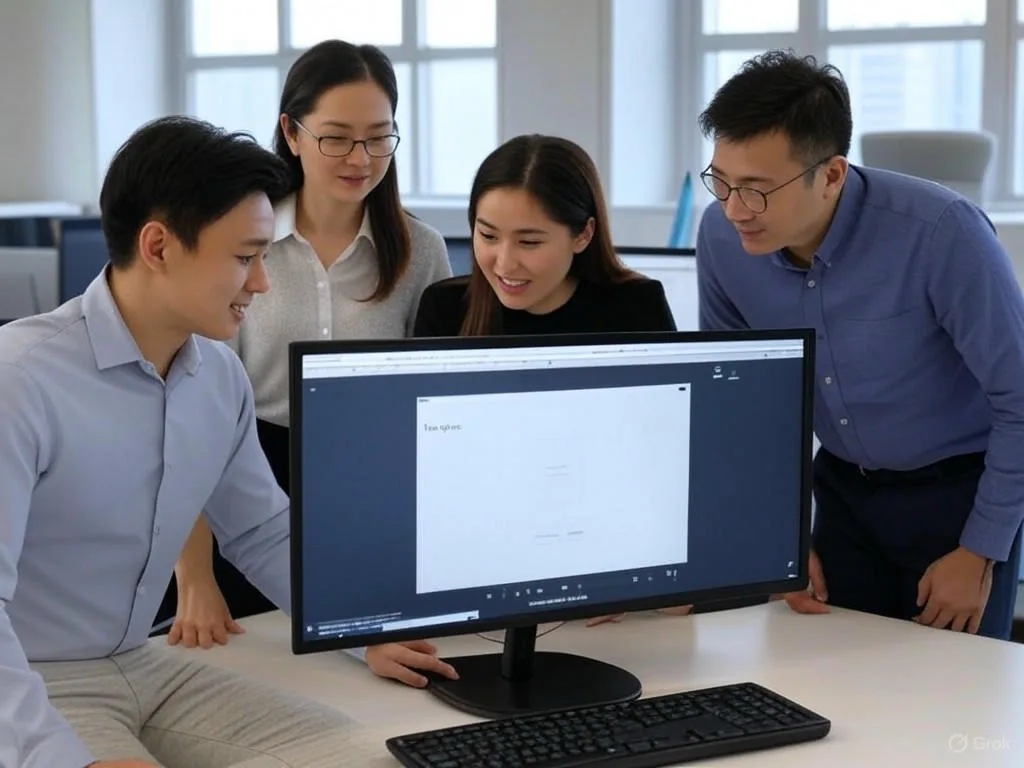 Nhóm chuyên gia Việt Nam hợp tác trong văn phòng hiện đại, xem xét giao diện trợ lý ảo nội bộ trên màn hình máy tính.