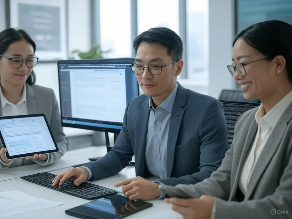 Ba chuyên gia Việt Nam trong văn phòng hiện đại hợp tác hiệu quả: một người xem giao diện trợ lý ảo nội bộ trên máy tính, người khác kiểm tra tài liệu kỹ thuật số, và người thứ ba mỉm cười khi sử dụng thiết bị di động.