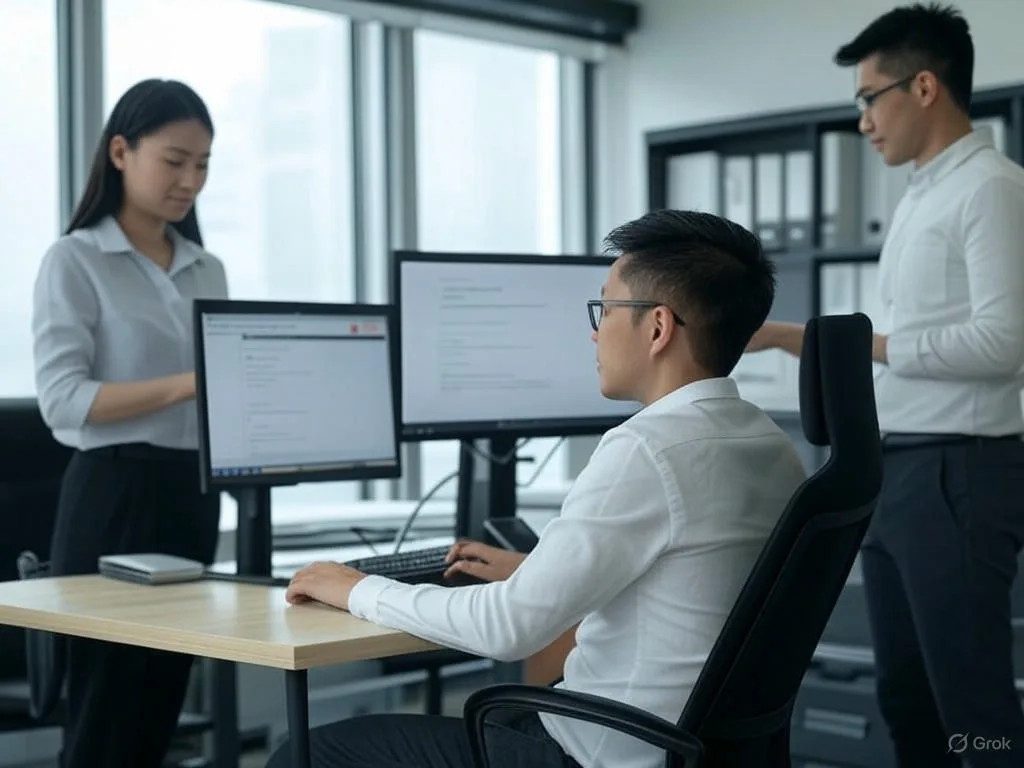 Ba chuyên gia Việt Nam hợp tác trong văn phòng hiện đại, một người sử dụng máy tính với trợ lý ảo nội bộ hiển thị \