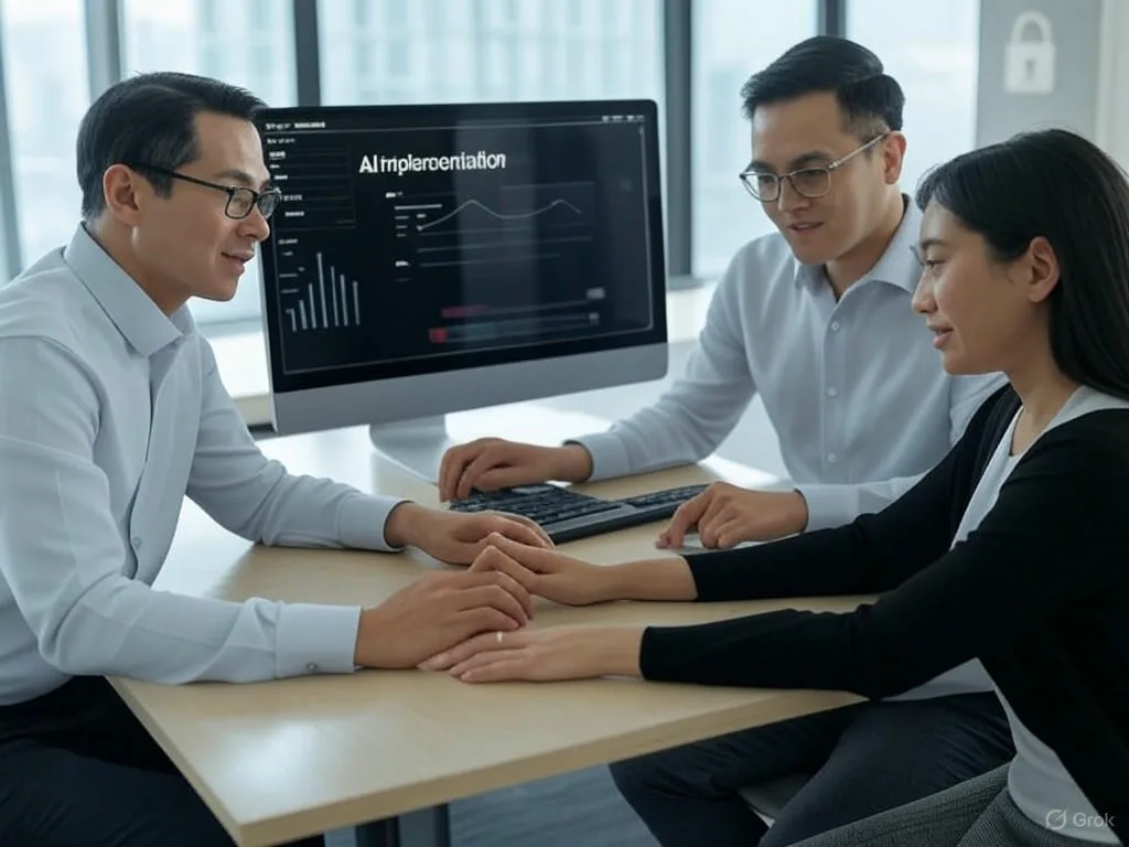 Ba chuyên gia Việt Nam đang hợp tác xem xét giao diện trợ lý ảo nội bộ trên màn hình máy tính trong văn phòng hiện đại, với biểu tượng khóa bảo mật và biểu đồ dữ liệu, hiển thị văn bản \