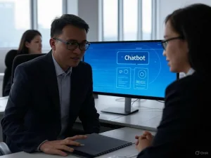 Chatbot bán hàng trong văn phòng hiện đại Việt Nam, với giao diện trên màn hình máy tính hỗ trợ khách hàng, hai cố vấn đang hợp tác—one kiểm tra màn hình và người kia tương tác với khách hàng.