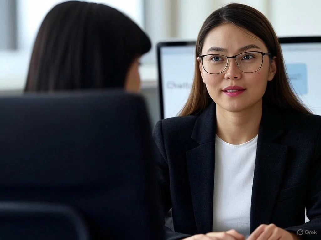 Nhân viên dịch vụ khách hàng người Việt đang lắng nghe đồng cảm với khách hàng trong văn phòng hiện đại, với màn hình máy tính hiển thị giao diện Chatbot bán hàng.