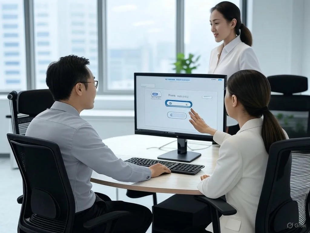 Hai nhân viên dịch vụ khách hàng người Việt đang hợp tác với chatbot bán hàng trong văn phòng hiện đại, một người tương tác với màn hình máy tính hiển thị giao diện chatbot, nhấn mạnh sự kết hợp giữa công nghệ và yếu tố con người.