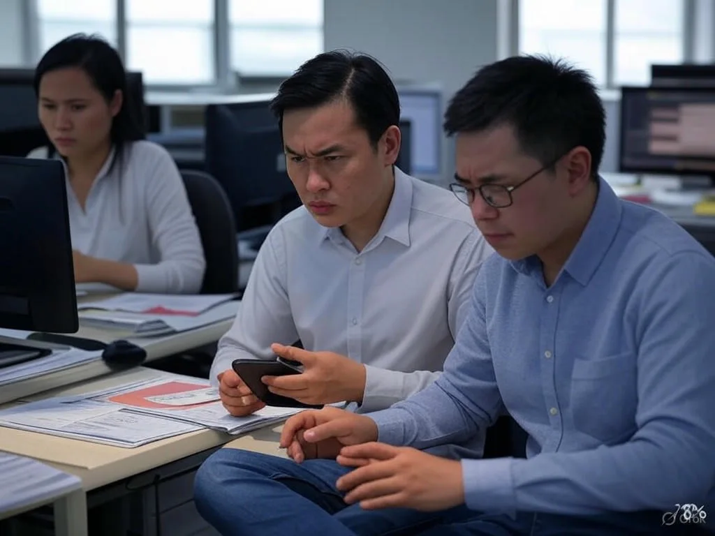 Hình ảnh ba khách hàng Việt Nam bực bội đang chờ đợi hỗ trợ khách hàng trong văn phòng hiện đại, một người cầm smartphone và một người nhìn màn hình máy tính, với văn bản \