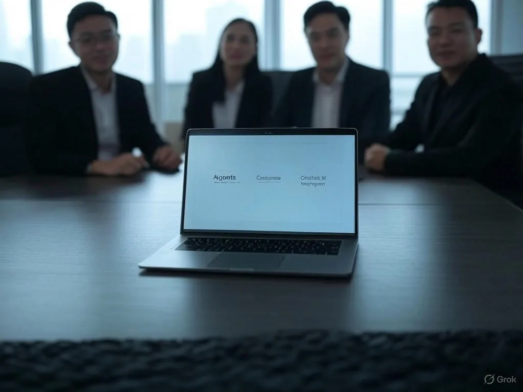Cuộc họp văn phòng hiện đại với các chuyên gia Việt Nam thảo luận giải pháp chatbot doanh nghiệp cho dịch vụ khách hàng, xem màn hình hiển thị \