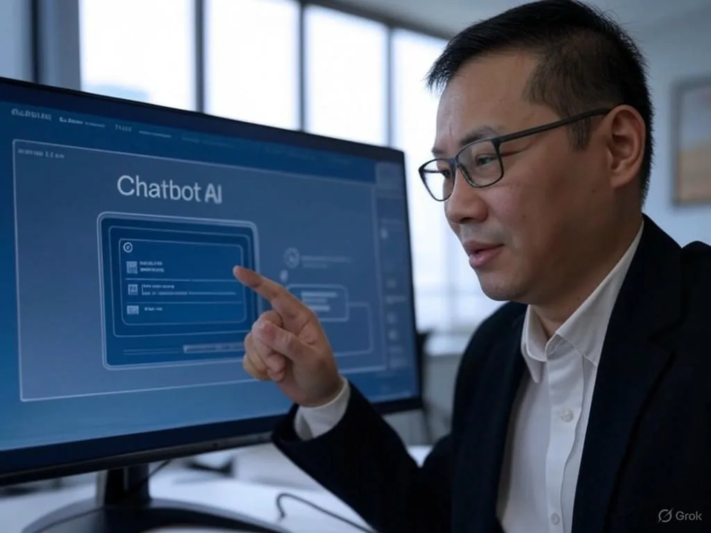 Một doanh nhân Việt Nam đang tương tác với chatbot doanh nghiệp trên màn hình máy tính trong văn phòng hiện đại, hiển thị các phản hồi nhanh chóng và biểu tượng AI.