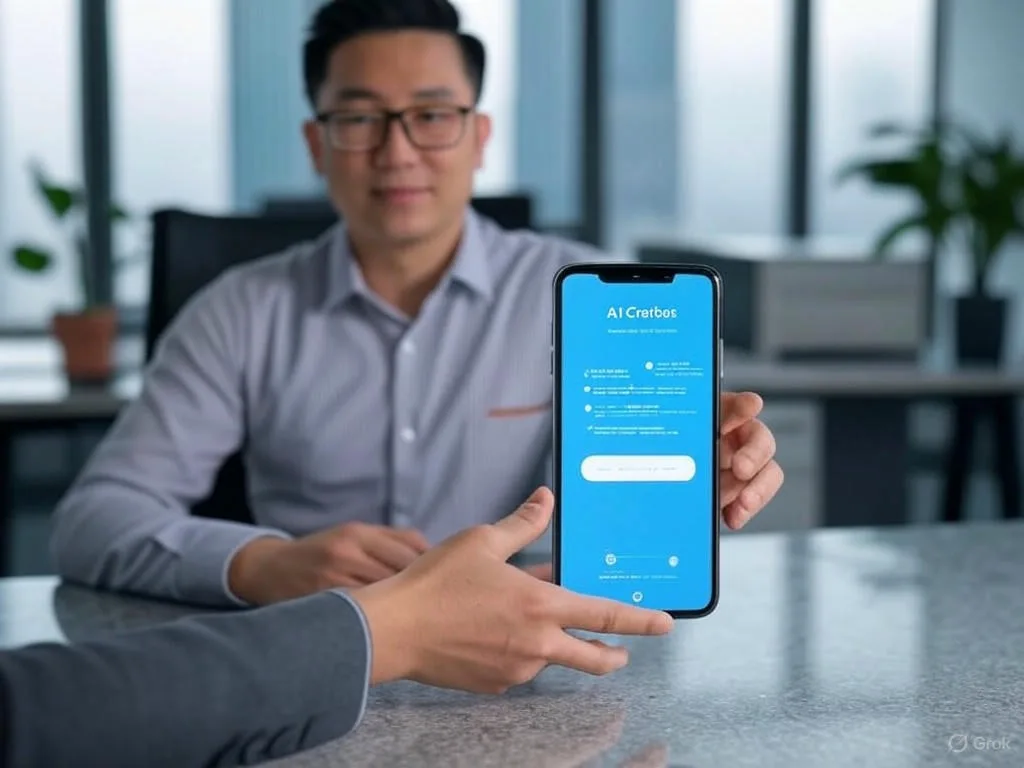 Một chuyên gia Việt Nam trong văn phòng hiện đại đang tương tác với chatbot doanh nghiệp trên điện thoại thông minh để hỗ trợ khách hàng.