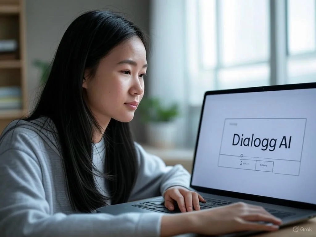 Một phụ nữ trẻ Việt Nam đang tạo AI chatbot trên laptop, với màn hình hiển thị 'Dialogg AI' và quy trình 3 bước đơn giản, dễ dàng.