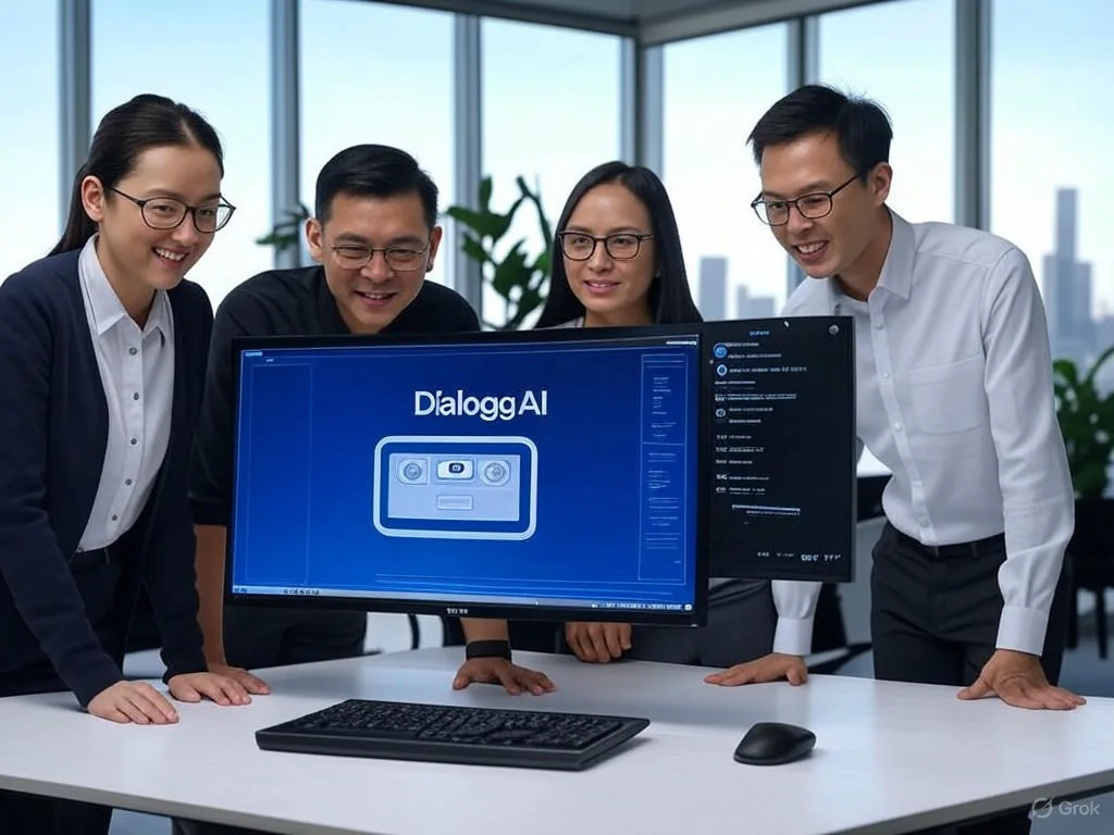 Các chuyên gia kinh doanh Việt Nam hợp tác để tạo AI chatbot trong văn phòng hiện đại, xem giao diện Dialogg AI trên màn hình, nhấn mạnh hiệu quả và tương tác khách hàng.