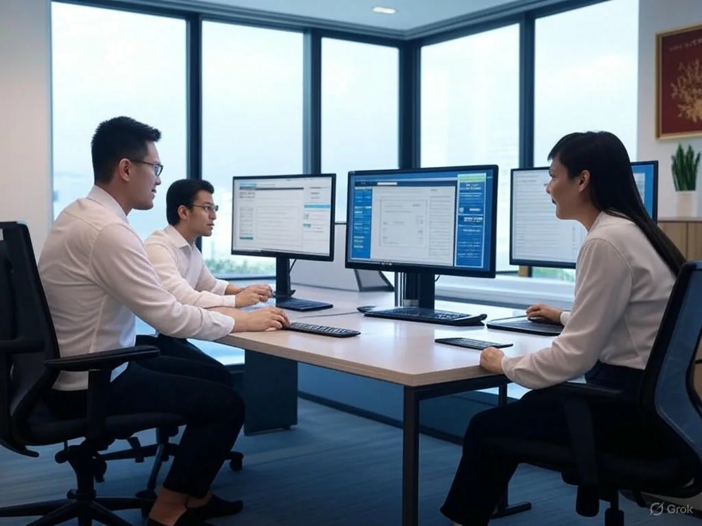 Ba chuyên gia Việt Nam hợp tác để tạo ai chatbot trong văn phòng hiện đại, xem màn hình máy tính với giao diện AI Chatbot và tích hợp công nghệ dịch vụ khách hàng.