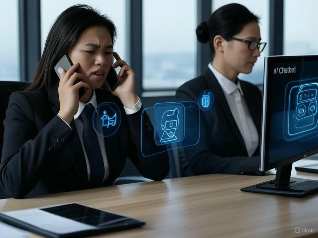 Hai nhân viên hỗ trợ khách hàng người Việt Nam trong văn phòng thương mại điện tử hiện đại: một người xử lý cuộc gọi với vẻ mặt bực bội gắn nhãn 'Traditional', người kia tương tác với giao diện chatbot thương mại điện tử có biểu tượng kỹ thuật số phát sáng gắn nhãn 'AI Chatbot'.
