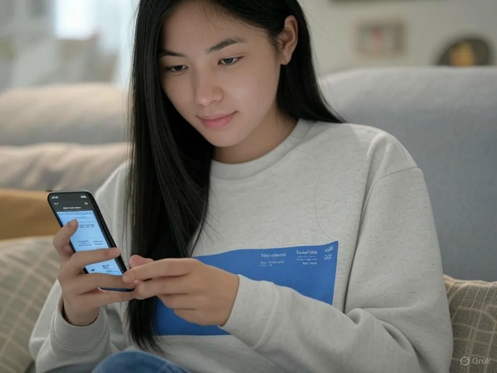 Một phụ nữ trẻ người Việt đang sử dụng smartphone để tương tác với chatbot thương mại điện tử và xem các sản phẩm được khuyến nghị cá nhân hóa.