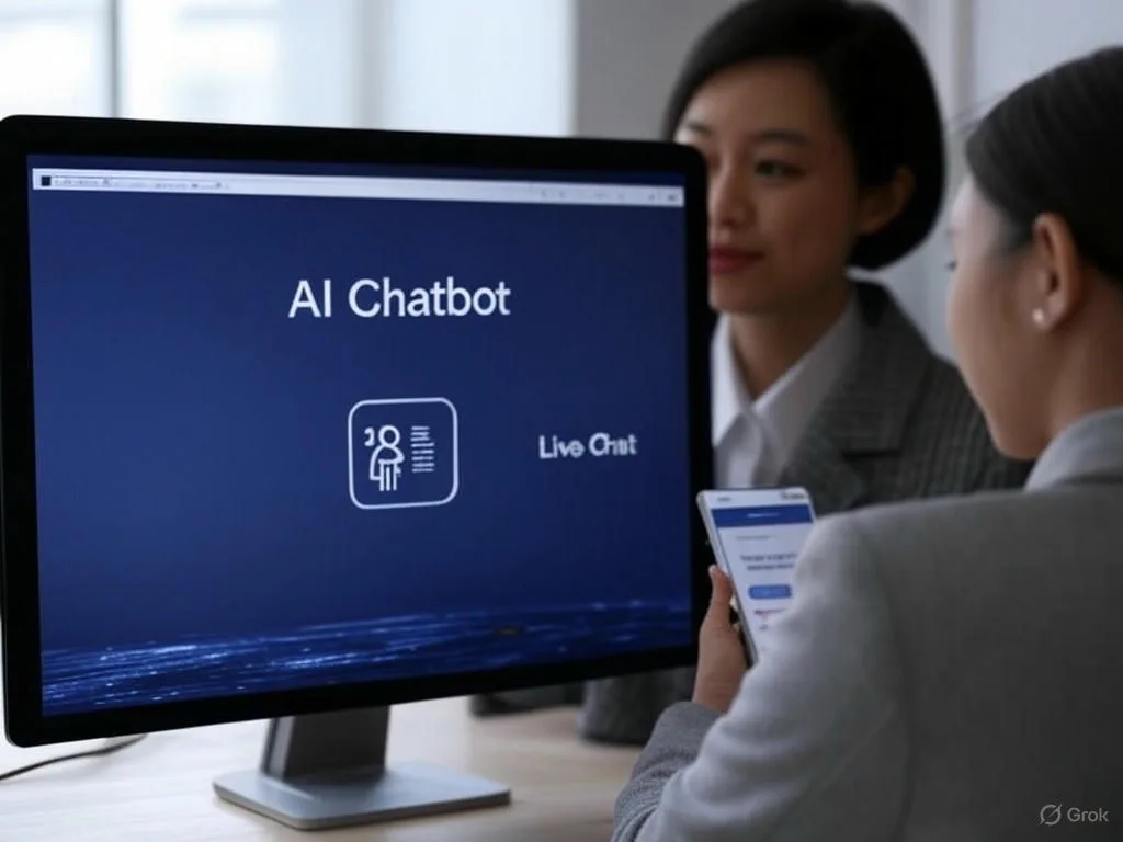 So sánh AI chatbot với live chat: cảnh chia đôi minh họa màn hình AI chatbot bên trái và nhân viên dịch vụ khách hàng bên phải cho cửa hàng trực tuyến.