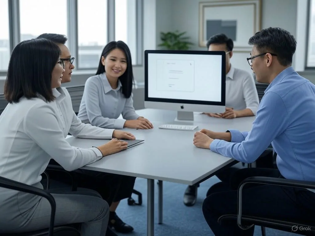 Cảnh các chuyên gia Việt Nam hợp tác so sánh AI chatbot trong văn phòng hiện đại, với màn hình hiển thị giao diện chatbot đơn giản.