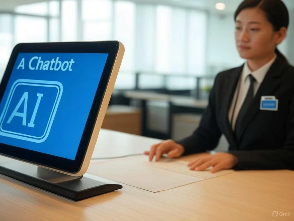 So sánh AI chatbot với hỗ trợ nhân viên tại bàn dịch vụ khách hàng hiện đại: Màn hình kỹ thuật số hiển thị giao diện \