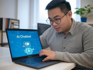 Chủ cửa hàng trẻ người Việt đang tương tác với chatbot 24/7 trên màn hình laptop trong văn phòng hiện đại tại nhà.