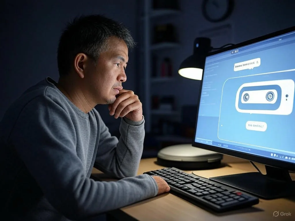 Chủ cửa hàng Việt Nam đang ngồi một mình tại bàn làm việc ở nhà vào ban đêm, xem màn hình máy tính hiển thị giao diện chatbot 24/7 với văn bản 'Chatbot AI' và 'How can I help?', đồng hồ cho thấy nửa đêm.