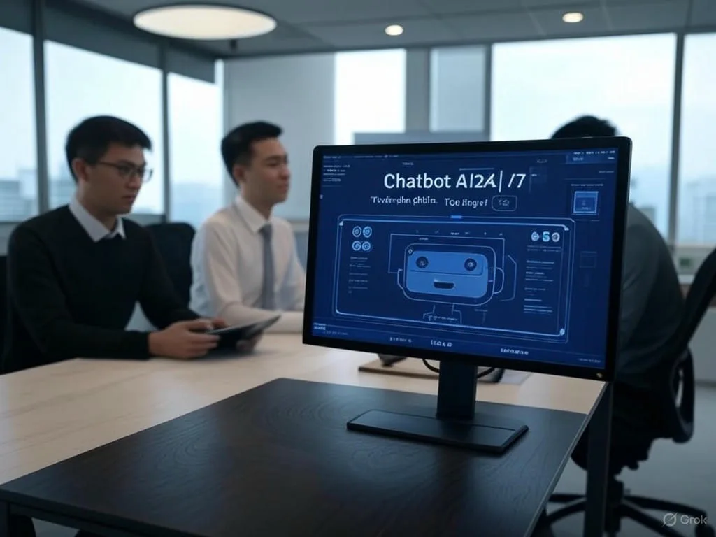 Hình ảnh chatbot 24/7 trên màn hình máy tính trong cửa hàng trực tuyến, hiển thị giao diện đơn giản với \