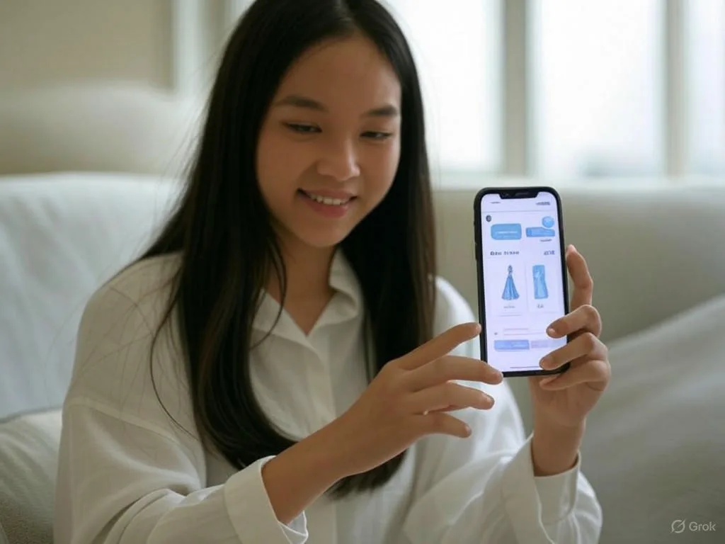 Hình ảnh một phụ nữ trẻ người Việt đang sử dụng smartphone để mua sắm trực tuyến, với chatbot 24/7 trên màn hình hiển thị sản phẩm khuyến nghị như váy và phụ kiện.