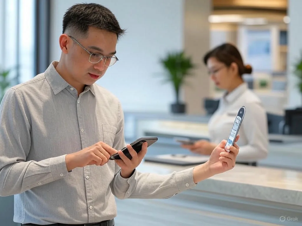 Khách hàng Việt Nam đang tương tác với chatbot 24/7 trên điện thoại thông minh trong ngân hàng bán lẻ hiện đại, với nhân viên ở nền và văn bản \