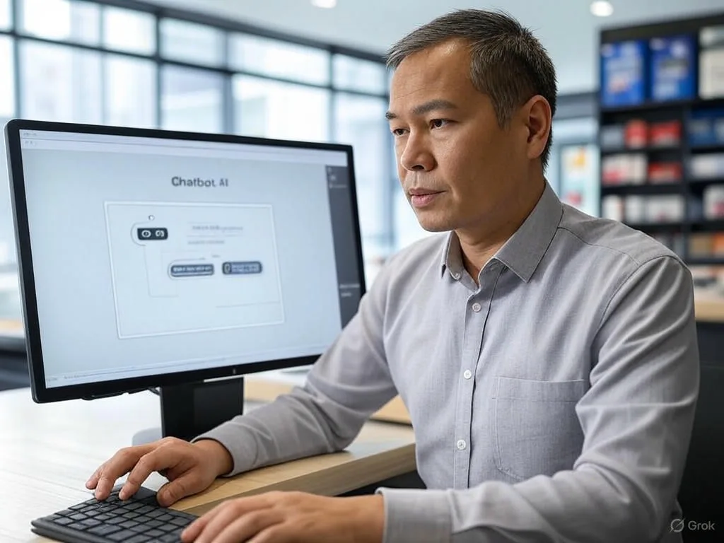 Chủ cửa hàng Việt Nam đang tập trung kiểm tra giao diện chatbot 24/7 trên màn hình máy tính trong cửa hàng bán lẻ hiện đại.