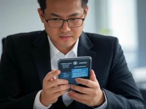 Một người lớn Việt Nam đang tập trung sử dụng smartphone để tương tác với giao diện chatbot AI cho tự động hóa hỏi đáp thủ tục hành chính trong văn phòng hiện đại.