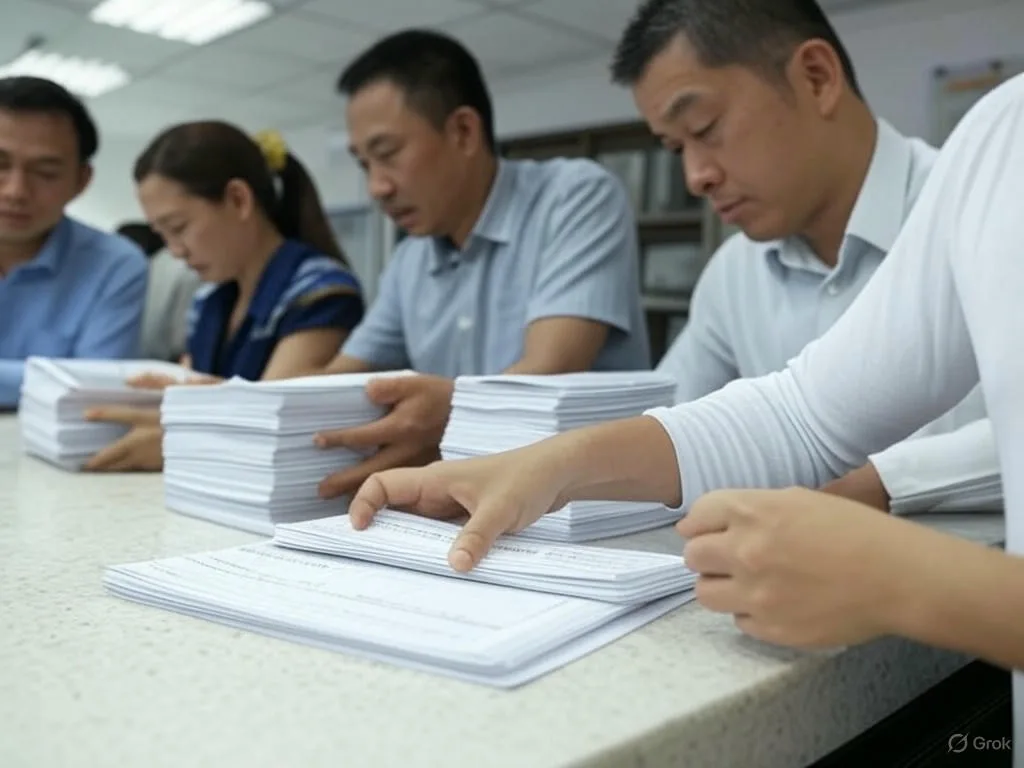 Hình ảnh bốn người Việt Nam trông bực bội khi xử lý đống giấy tờ thủ tục hành chính tại quầy văn phòng chính phủ, minh họa nhu cầu tự động hóa hỏi đáp thủ tục hành chính.