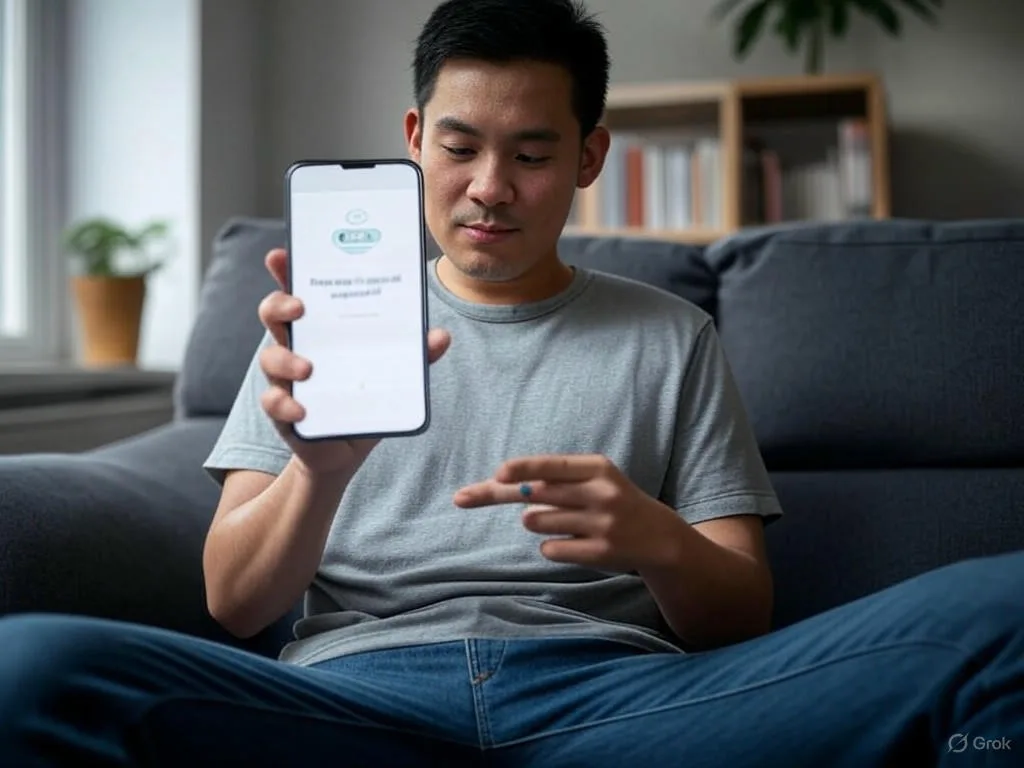 Một người Việt đang sử dụng điện thoại thông minh để tương tác với chatbot AI, minh họa cho tự động hóa hỏi đáp thủ tục hành chính trong không gian nội thất thoải mái.