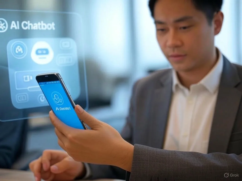 Một người Việt Nam sử dụng smartphone để tương tác với chatbot AI, minh họa cho tự động hóa hỏi đáp thủ tục hành chính trong văn phòng hiện đại.