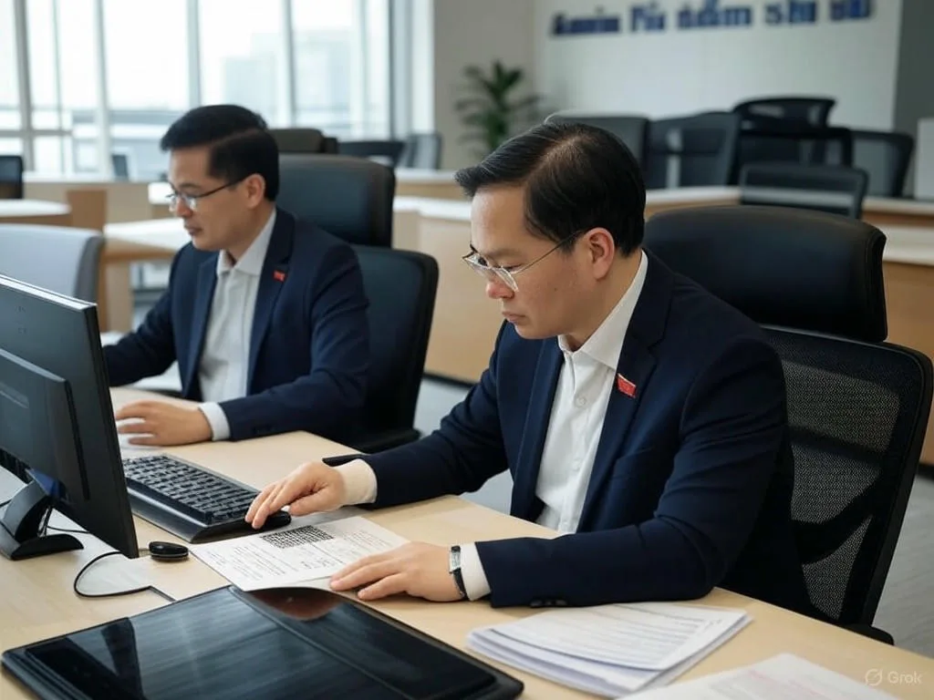 Tự động hóa hỏi đáp thủ tục hành chính: Hai quan chức Việt Nam sử dụng máy tính và máy tính bảng trong văn phòng chính phủ hiện đại, với biểu ngữ \