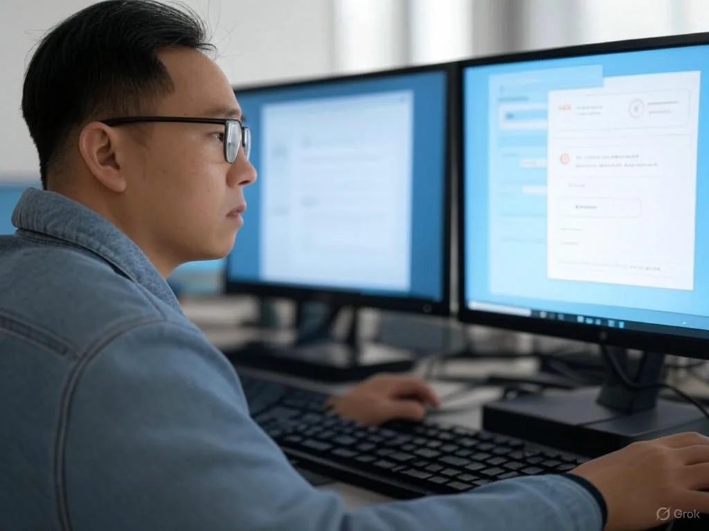 Kỹ sư người Việt trong phòng thí nghiệm công nghệ hiện đại đang tương tác với chatbot thông minh cho tự động hóa hỏi đáp thủ tục hành chính, hiển thị các nhãn NLP và ML trên màn hình.