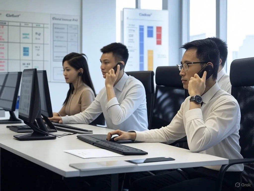 Hình ảnh văn phòng chính phủ hiện đại ở Việt Nam với các chuyên viên người Việt Nam đang tương tác với giao diện chatbot trên máy tính và điện thoại, tượng trưng cho tự động hóa hỏi đáp thủ tục hành chính, kèm biểu đồ so sánh chatbot và trung tâm gọi tự động.