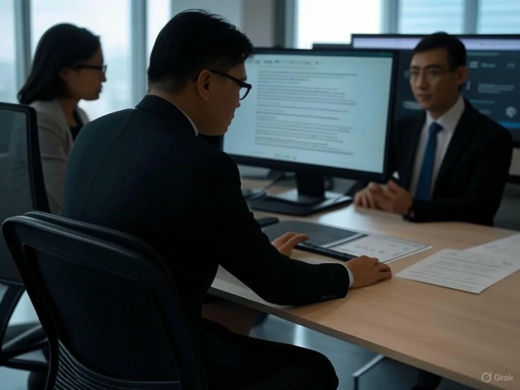 Ba chuyên gia Việt Nam trong văn phòng hiện đại đang làm việc với tự động hóa hỏi đáp thủ tục hành chính: một người tương tác với chatbot AI trên màn hình hiển thị \