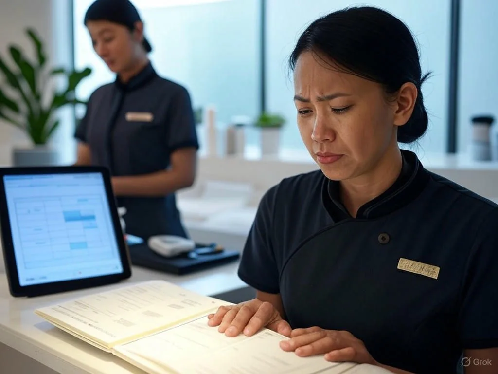 Chủ spa người Việt đang căng thẳng cầm cuốn sổ hẹn lộn xộn tại bàn làm việc, với máy tính bảng hiển thị giao diện lập lịch tự động liên quan đến chatbot tư vấn spa, và một người khác ở hậu cảnh.