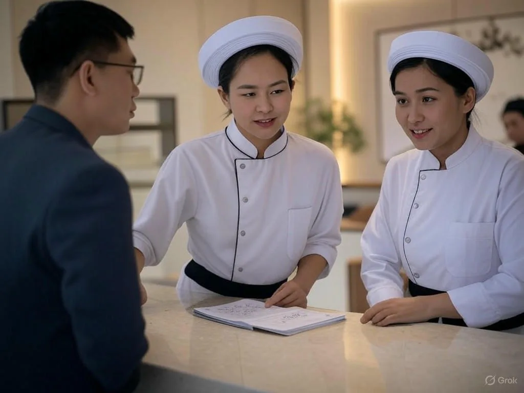 Chatbot tư vấn spa tại khu vực lễ tân spa Việt Nam giờ cao điểm, với hai nhân viên người Việt trông mệt mỏi bên sổ hẹn lộn xộn và một khách hàng đang chờ thiếu kiên nhẫn.