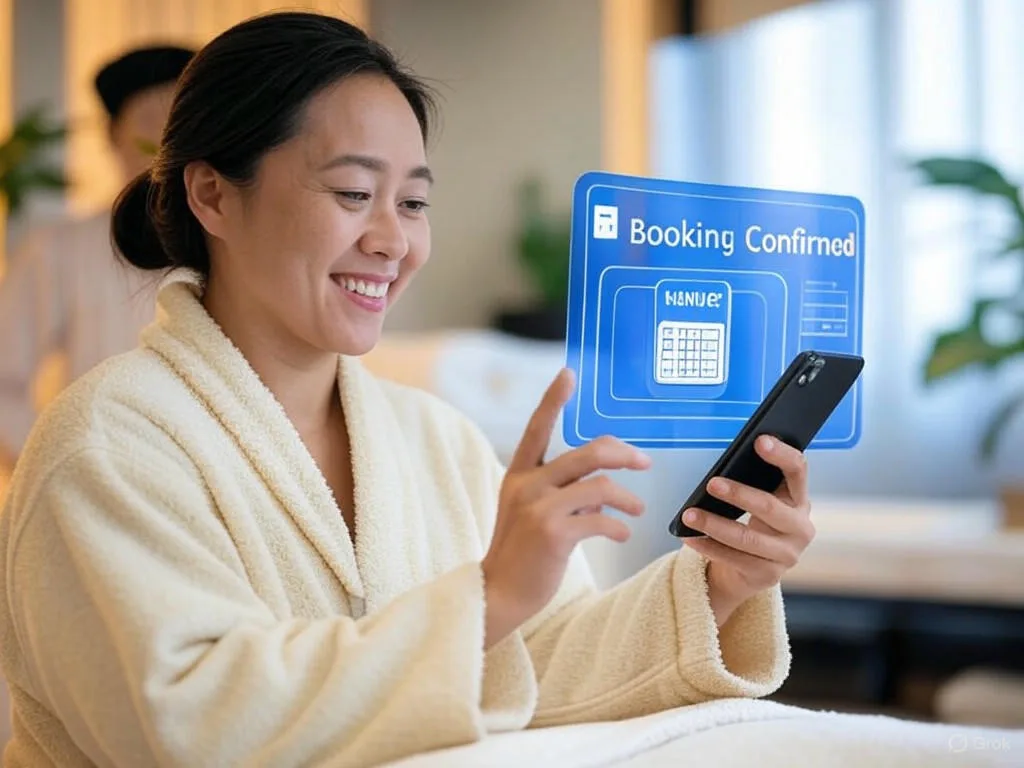 Phụ nữ Việt Nam mỉm cười sử dụng chatbot tư vấn spa để đặt lịch hẹn trên điện thoại trong không gian spa hiện đại, với nhân viên spa ở nền.