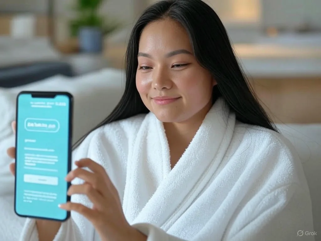 Một phụ nữ trẻ người Việt đang sử dụng chatbot tư vấn spa trên điện thoại thông minh để đặt lịch hẹn trong không gian spa hiện đại, với màn hình hiển thị 'Spa Booking', nhấn mạnh sự tiện lợi và thư giãn.